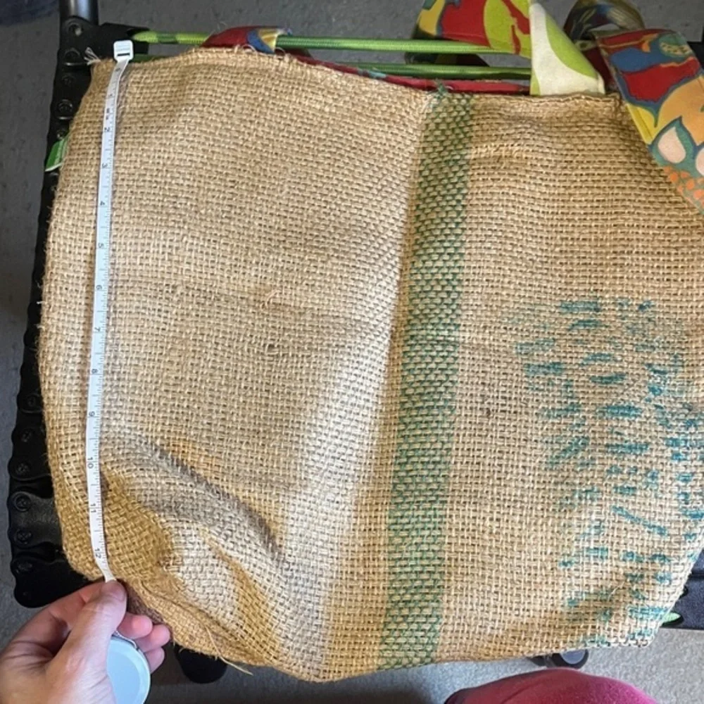 Chic Burlap Tote with Green Accents Made with 100% recycled material